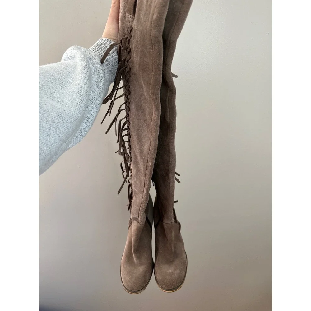 Carlos Santana Garrett Boots Womens 7M Brown EUC Suede Fringe Over The Knee Boho